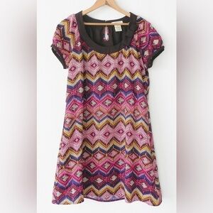 🩷 bcgbmaxazria diamond pattern brown bow short sleeve dress